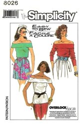 8026 SIMPLICITY EASY KNIT PULLOVER OFF SHOULDER TOP SLEEVES OR NOT PATTERN 8-14 or 10-16 choice